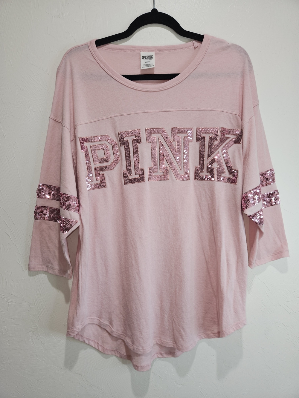 PINK Victoria's Secret Light Pink Sequin Logo Stripe Sleeve Tee Women's Medium - Picture 3 of 11